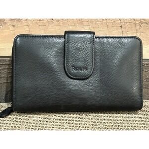 Rolfs Checkbook Wallet Black Leather Zip Around‎ Magnetic Snap 7.5 x 4 Inch